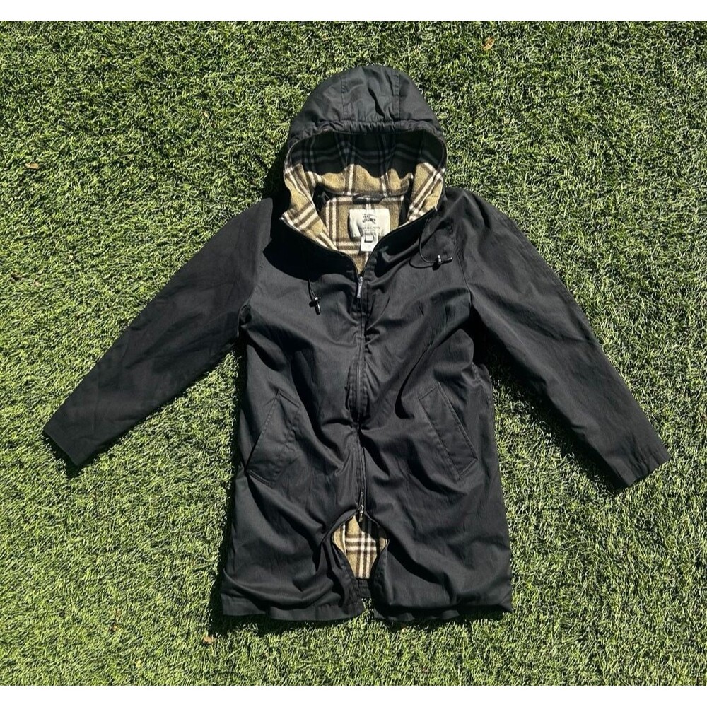 Burberry London Jessica Coat Womens 12R Black Wool Check Lined Hooded Jacket